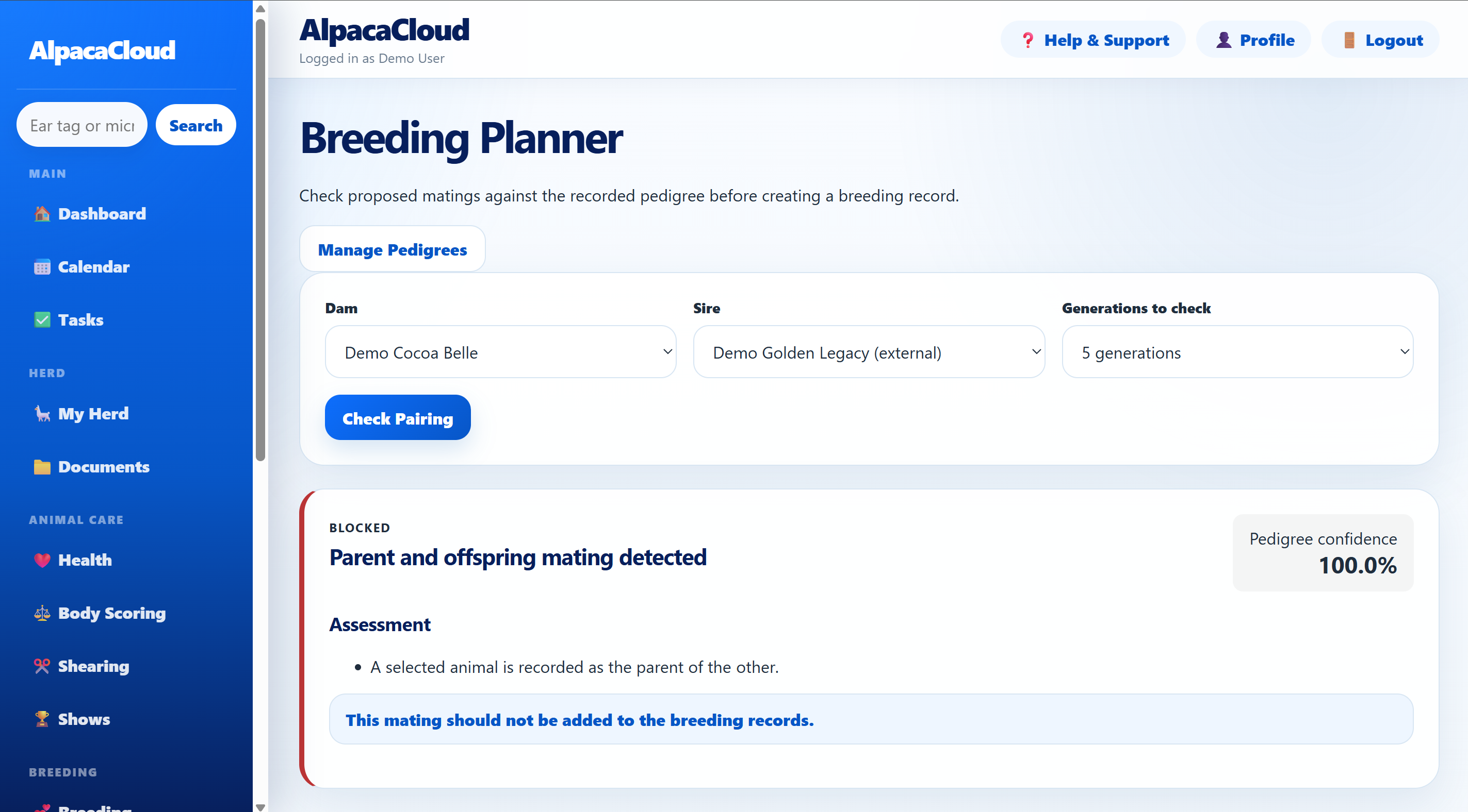 AlpacaCloud breeding planner checking a proposed alpaca pairing