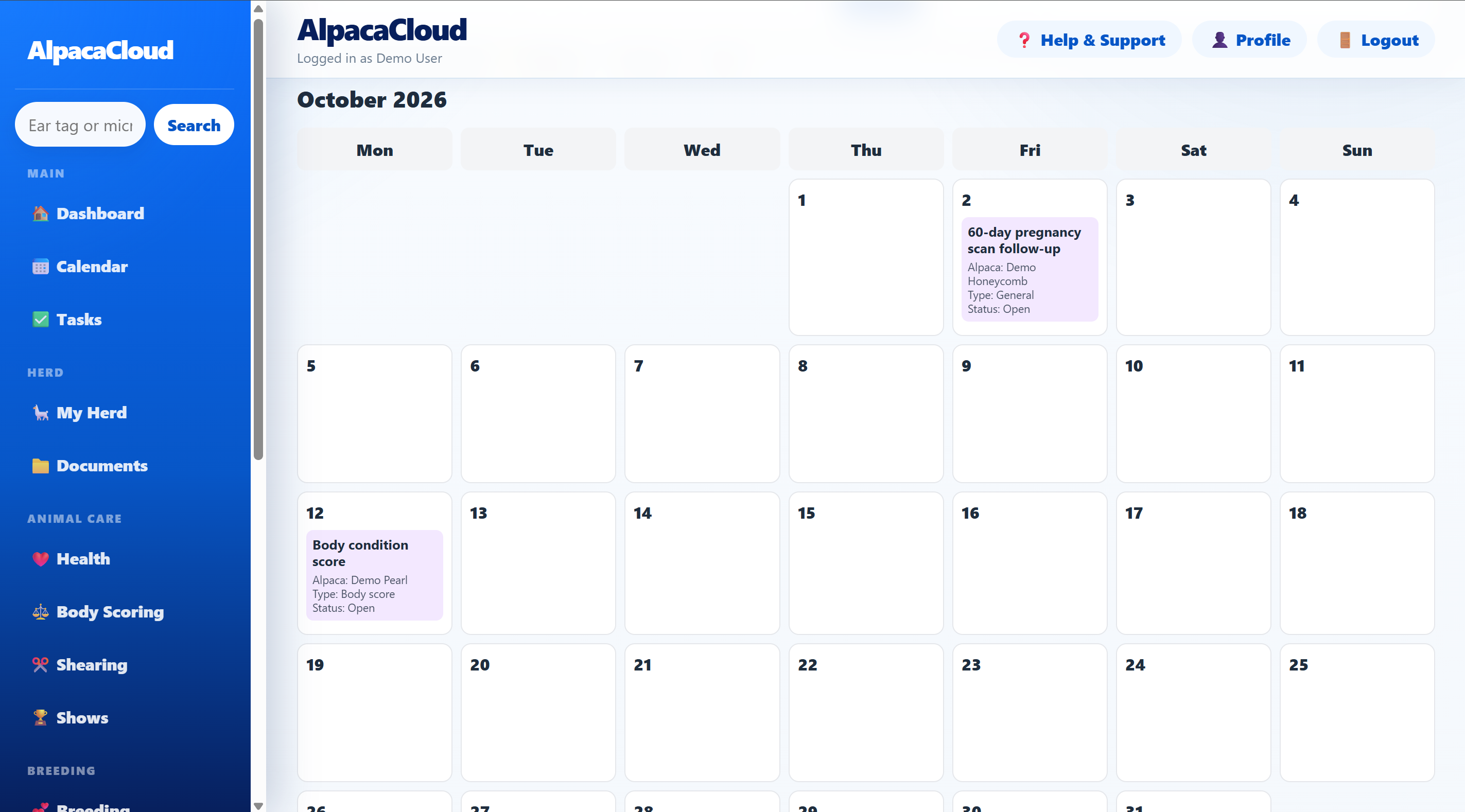 AlpacaCloud calendar showing pregnancy scan and body condition reminders